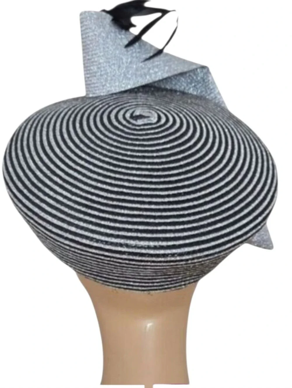 KaKy Co. Black Silver Metallic Beret Hat Bow Feathers